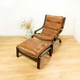 Original! 1960s Scandinavian Midcentury LEATHER LOUNGE SET Armchair And Ottoman