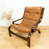 Original! 1960s Scandinavian Midcentury LEATHER LOUNGE SET Armchair And Ottoman