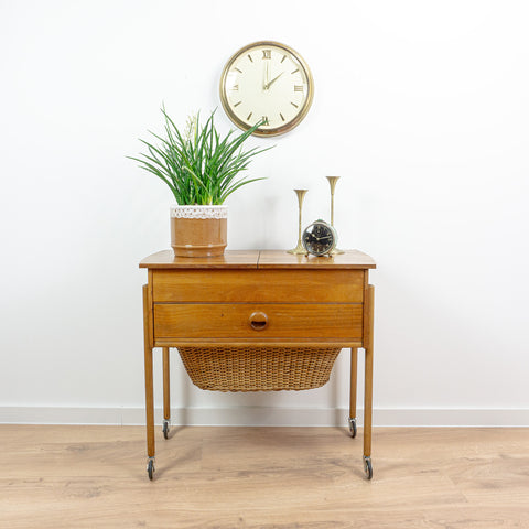 1960s DANISH DESIGN Sewing Table CART with drawers and wicker basket
