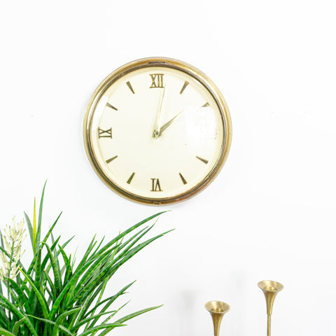 Large 1950s Midcentury BRASS Wall CLOCK With Battery Quartz Clockwork