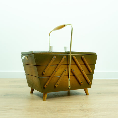 1960s Flamed Brown WOODEN SEWING or Jewelry BOX, golden handle and tapered feet