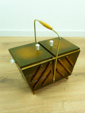 1960s Flamed Brown WOODEN SEWING or Jewelry BOX, golden handle and tapered feet