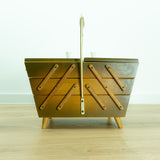 1960s Flamed Brown WOODEN SEWING or Jewelry BOX, golden handle and tapered feet