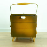 1960s Flamed Brown WOODEN SEWING or Jewelry BOX, golden handle and tapered feet