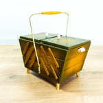 1960s Flamed Brown WOODEN SEWING or Jewelry BOX, golden handle and tapered feet