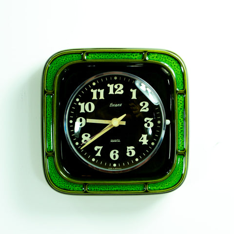 Moss Green Black 1970s MIDCENTURY WALL CLOCK By Heges, Westgermany