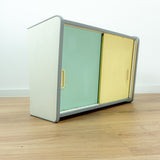 1960s midcentury KITCHEN WALL CABINET vanilla yellow blue sliding doors