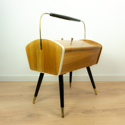 1960s Midcentury Wooden SEWING BOX with Handle on tapered LEGS