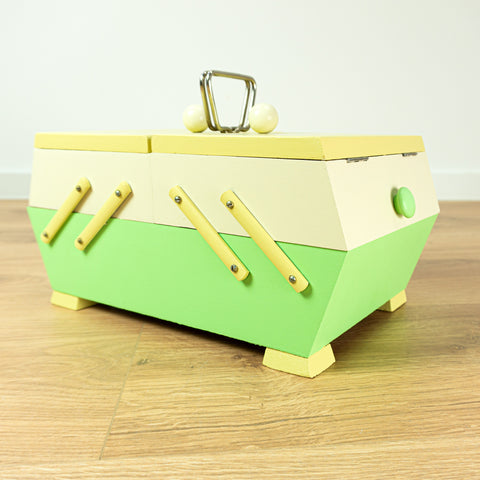 1960s Pastel Green Yellow Midcentury Cantilever SEWING or JEWELRY BOX