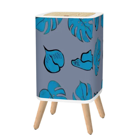 Retro Nordic Square Small Trash Can with Lid, Taupe Blue with Leaves