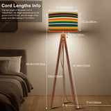 Striped 70s Retro Tripod Floor Lamp: Midcentury Linen Shade, Wooden Base
