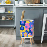 Retro Square Small Trash Can with Lid, 1970s Flowers Blue Pink Yellow