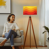 Retro Midcentury Floor Lamp Yellow Orange Red – Tripod Wood Base Linen Shade