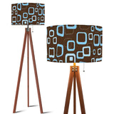 Retro 60s Scandi Tripod Floor Lamp: Brown Blue Pattern Shade, Smart LED Remote