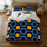 Blue Yellow Microfiber Comforter Set: Midcentury Retro Queen Size Bed