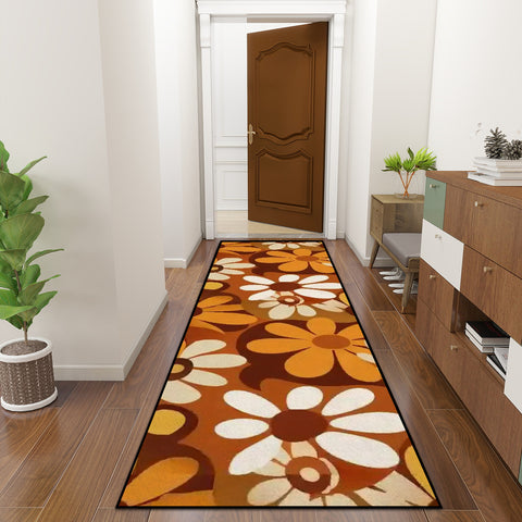 70s Flower Power Runner Rug – Midcentury White Brown Orange Multi Sizes