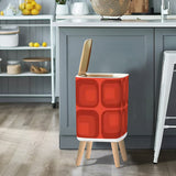 Retro 1970s Style Square Trash Can with Lid Mid Century Modern, Red Geometric
