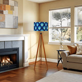 Mid-Century Modern 70s Wooden Tripod Floor Lamp: Retro Peacock Pattern