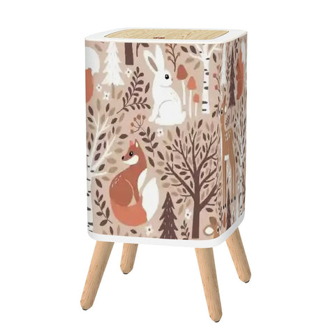 Scandi Square Small Trash Can with Lid, Whimsical Mushroom and Floral Forest Cottagecore