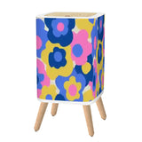 Retro Square Small Trash Can with Lid, 1970s Flowers Blue Pink Yellow