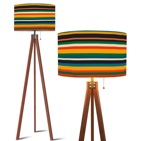 Striped 70s Retro Tripod Floor Lamp: Midcentury Linen Shade, Wooden Base