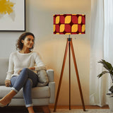 Midcentury Tripod Floor Lamp – Retro 1970s Print Shade orange red yellow
