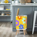 Scandi Retro Square Small Trash Can with Lid, 1970s Flowers Yellow