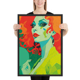 Framed RETRO 70s WALL ART POSTER,  Midcentury Style Groovy Female Portrait Orange Green Yellow