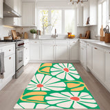 Floral Green White Yellow Midcentury Rug – No Tassels, Retro 70s Home Decor