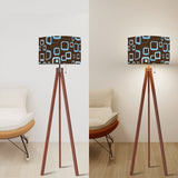 Retro 60s Scandi Tripod Floor Lamp: Brown Blue Pattern Shade, Smart LED Remote