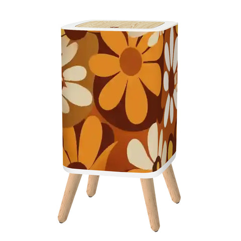 Scandi Square Small Trash Can with Lid Floral Pattern Daisies Orange
