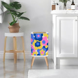 Retro Square Small Trash Can with Lid, 1970s Flowers Blue Pink Yellow