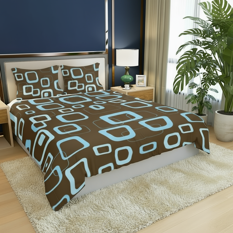 Mocha Brown Blue Retro 3-Piece Duvet Bedding Set, Midcentury Bed Linen