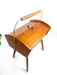 1960s wooden handled MIDCENTURY SEWING BOX cart with handle