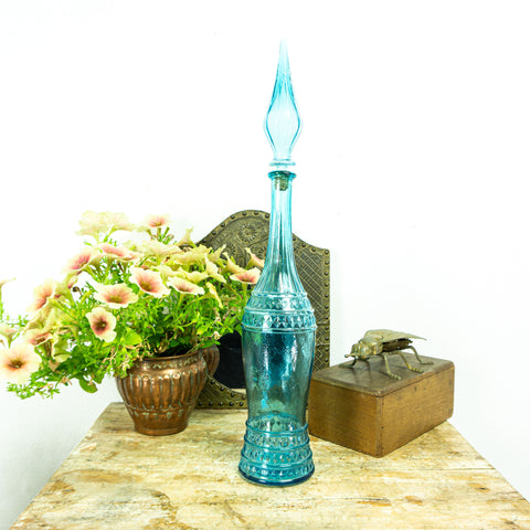 Blue French XXL vintage GLASS BOTTLE with stopper