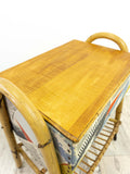 Rare 1950s BAMBOO SEWING BOX on casters, covered with Acella