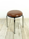Comfy brown upholstered 1960s FAUX-LEATHER STOOL with chromed leg