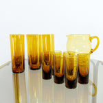 Mouth blown set of 12 vintage AMBER GLASS pitcher tumbler shot glasses