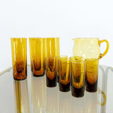 Mouth blown set of 12 vintage AMBER GLASS pitcher tumbler shot glasses